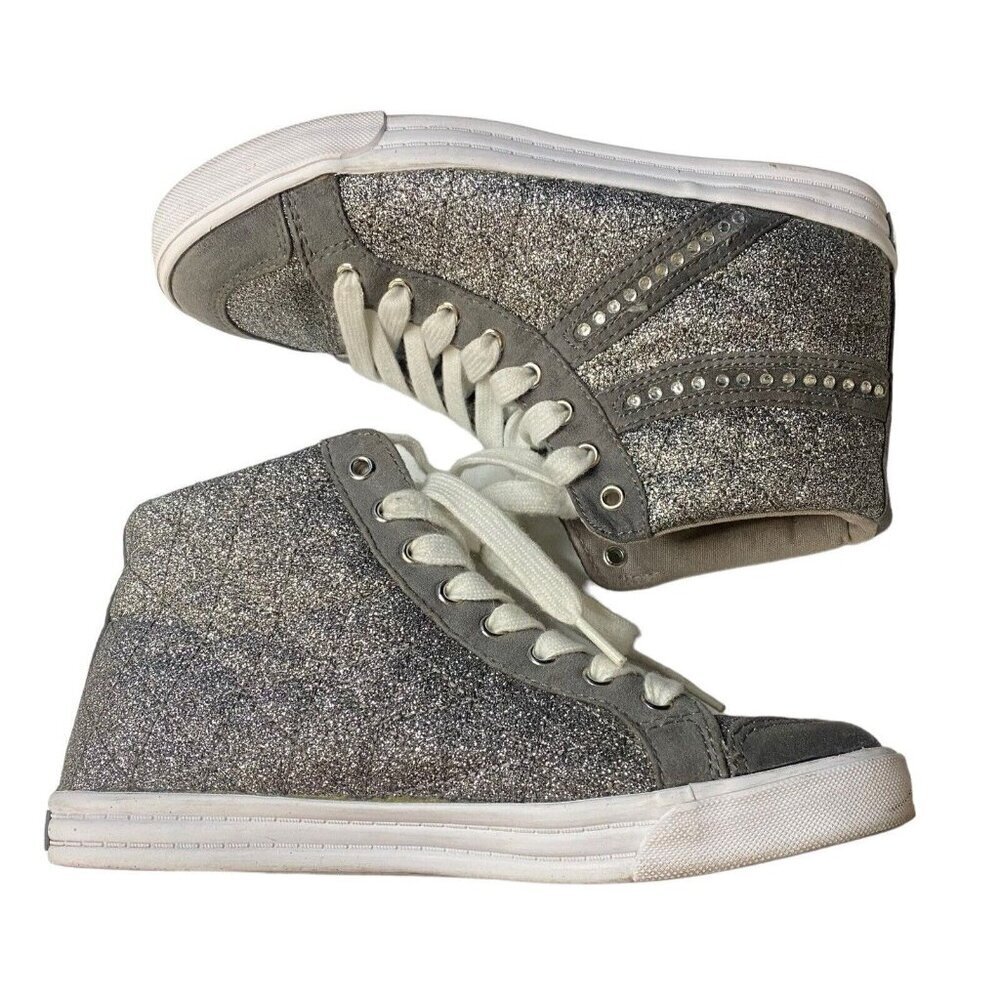 GUESS Women Sneakers Size 7M Silver Glitter Rhinestones High Top Lace Up S-1 - Picture 3 of 9